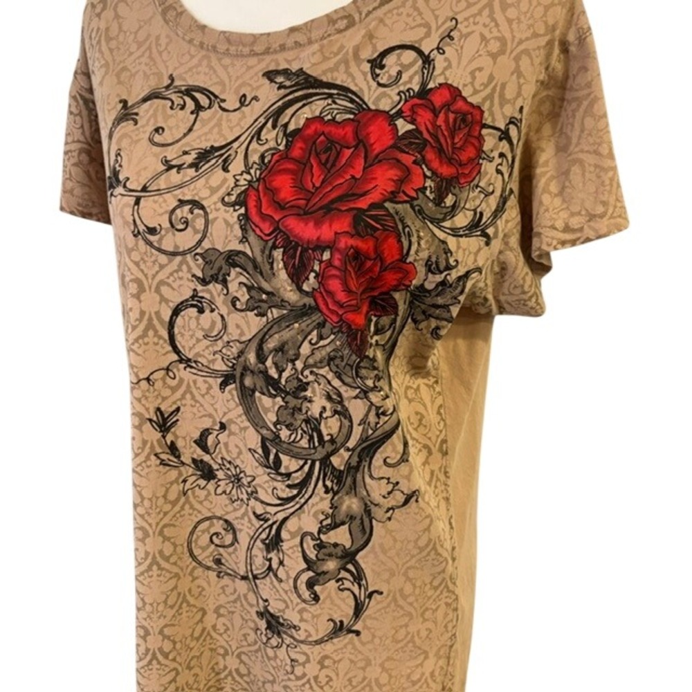 Stranded Graphic Tee Tan Red Rose Rhinestone Filigree Women XXL Excellent